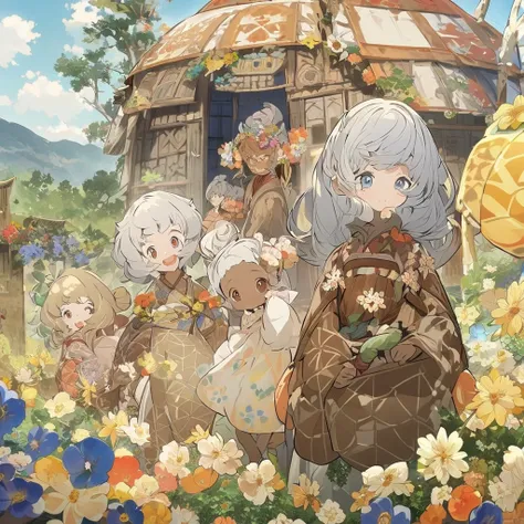 master piece,Japanese anime-style character design of a silver-haired,  simple pattern like a picture book illustration , Three beautiful girls are walking hand in hand in a village of dark elves with brown skin, each has long hair intricately tied , costu...