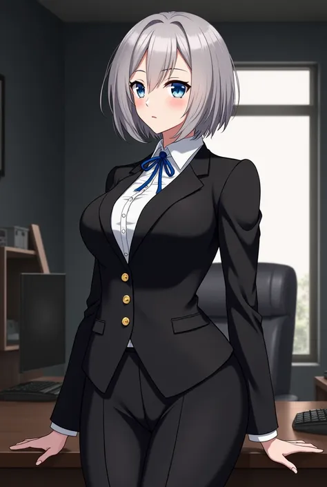  An adult woman has short silver or light gray hair , big, deep blue eyes .  She wears a formal black office suit ,  with a white shirt underneath and a blue tie or ribbon in her identifier.  Her breast size is prominent .  The background shows an office i...