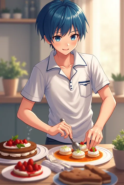 Eithan ,  attractive boy with blue hair and blue eyes ,  anime character dressed in his Christmas polo shirt , cooking with such enthusiasm , And you,  sitting at the table ,  admiring him while you were preparing the desserts .  The soft background music ...