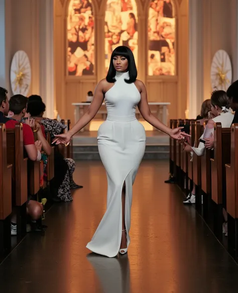 Nicki Minaj is the goddess of a Church, church background is full of banners showing Nicki minajs ass, ass focus, perfect ass, Nicki Minaj in sexy tight white formal high-neck dress, devotees kneeling praying to Nicki Minaj, Nicki minaj is worshipped by hi...