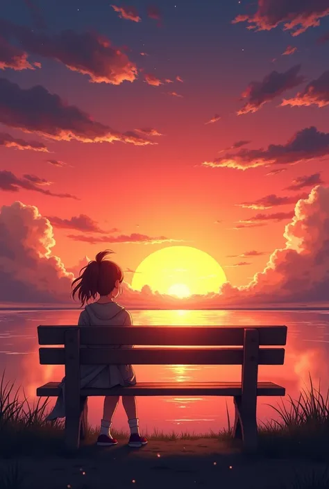  Anime sitting on a bench looking at the sunset,  an image inspired by Alena Aenami ,  trending in society CG , aestheticism,  watching the sunset . anime, girl watching the sunset ,  watching the sunset ,  artistic. Alena Aenami, Makoto Shinkai Cyril Rola...