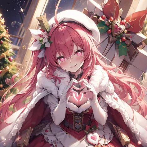  with pink bow、 red and pink hair 、 pink eyes、 green and red Santa dress 、 cape with fur 、 green and red beret 、white bonbon 、Get a box 、 christmas gifts、heart、shy, A kind smile, (heart in eye:1.4), heart-shaped pupils,  happy tears , Sparkle、background: S...