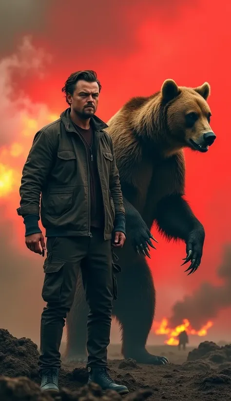 Create an image set on a rugged, harsh battlefield with a fiery red sky. In the center, place Leonardo DiCaprio with his characteristic features: tousled brown hair, sharp blue eyes, and a determined, angry expression. He is wearing a combat-ready jacket a...