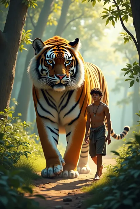 Young man walking along with enormous tiger