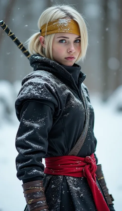 real fullbody shot,Beautiful detailed ninja girl,amazing body standing,Very detailed eyes and face,Beautiful detailed nosePerfect anatomy Sexy, stand in the snow,wearing a thin golden headband,in attack position, Russian Short Blonde Straight Hairs, 