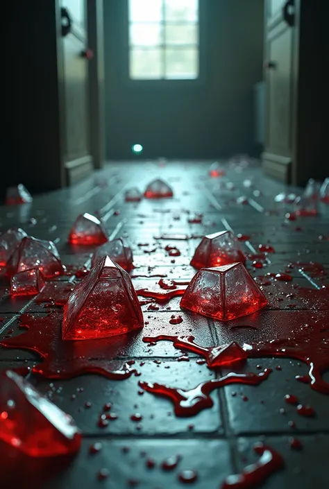 Broken glass with blood spreading all over the floor