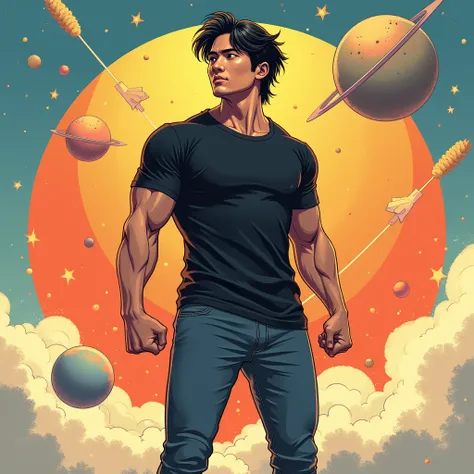 man clenching fist, freedom, full body, black shirt, comic book, korean hair style, tiny planet, asean, handsome, messy hair, cool, t-shirt, white shoes