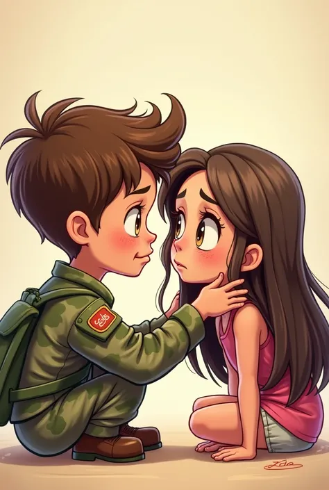  Boy in camouflage uniform with short brown hair on video call with the girl with long brown hair, pink top, Whats crying 
Cartoon photo  