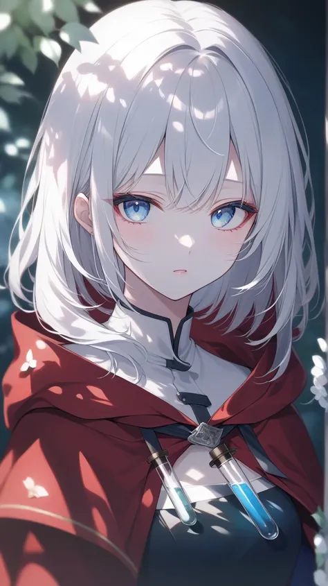    dark、Corrosive、 colorful 、 Gorgeous Light and Shadow 、whole body、 The girl&#39;s white skin、Mouth is moody、( blue eyes) eyes with blood in test tubes are blurry and dreamy。Dappled Light and Shadow, portrait,White Hair,  red cloak、ridicule、