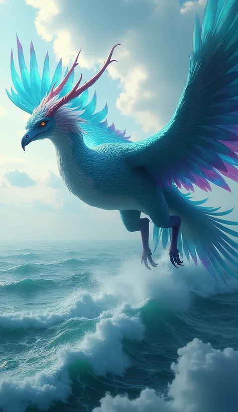 ((masterpiece,  top quality,  highest image quality  ,  high resolution , Realistic,  original photo,  Extremely Detailed CG Uniform 8K Wallpaper)), Above sea level，一只巨大的鲲鹏飞在Above sea level， with many colored feathers ，A beautiful giant bird ， stout wings，...