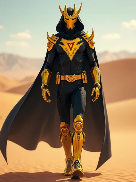 high quality, (( 8K Ultra HD,)) ,   (( 21 year old man  )) , (( he wears skin tight black spandex costume complemented by thick gold color exoskeleton boots, gold color thick gold futuristic armored hand gloves, a black beaked hoodie, a long flowing gold c...