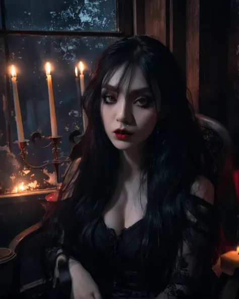  parathed woman sits in a chair with a candlelight window, gothic horror ,  Cruel Korean gothic girl , with haunted eyes and dark hair,  inspired by Elsa Bleda , in the room, full of candles ,  Gothic girl aesthetics , in a dark dusty living room,  Elvira ...