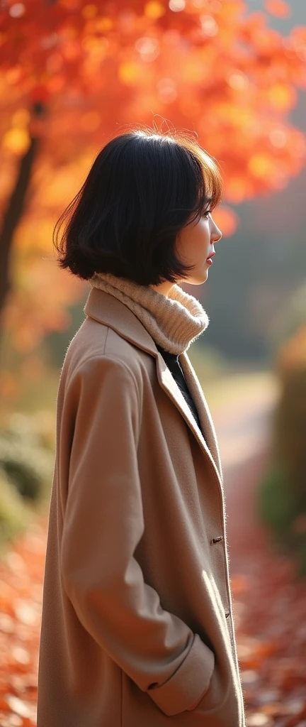  high resolution 、 actual 、 original photo、 detailed background、 every detail is beautiful 、 20 year old Japanese woman 、Perfect body curves、 Bob Kurt 、Wavy Hair、Show the whole body、

 when the cool autumn breeze blows 、漂亮woman、紅葉したwood々Stand in the backgr...