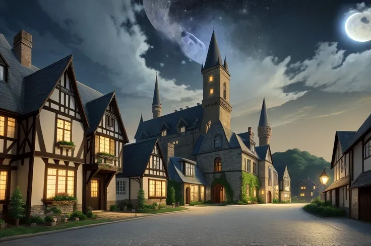 masterpiece, Best Quality, Super detailed,anime,landscape,((Midnight Full Moon Night Scenery )), BREAK paved cobblestone ground and a large aristocrats mansion ,  BREAK The background has a medieval night castle town and a spectacular castle towering on th...