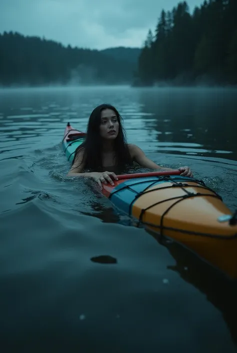 
A young woman trapped under a capsized kayak in a serene lake during a sudden storm, surrounded by dark waters. A soft, glowing light begins to appear, illuminating the water around her. The atmosphere shifts from panic to tranquility, emphasizing a sense...