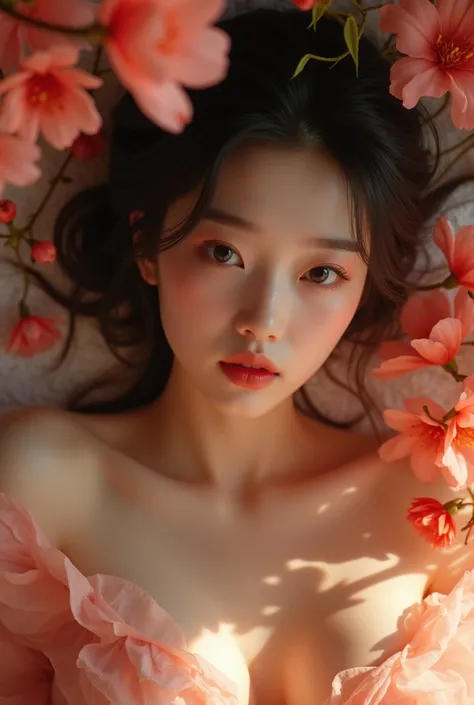 close-up nude japanese girl on a bed, flowery aesthetic and very warm colors, a blushing embarrased expression