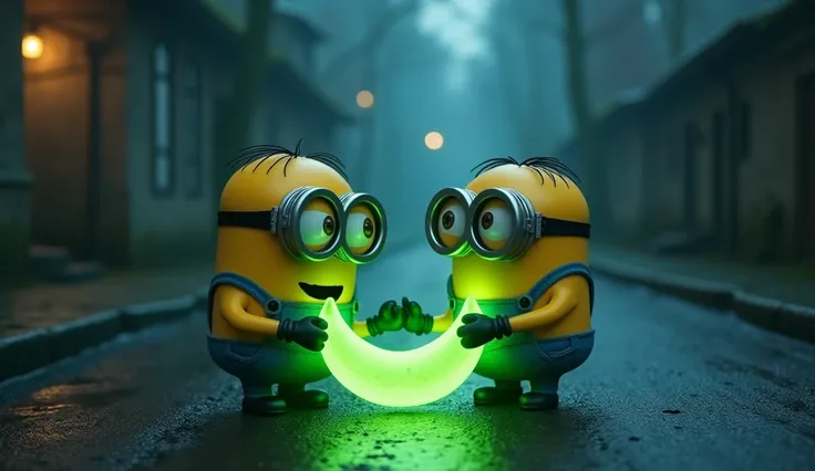 A yellow minion having two eating a green glowing bnana on road at creepy night street 