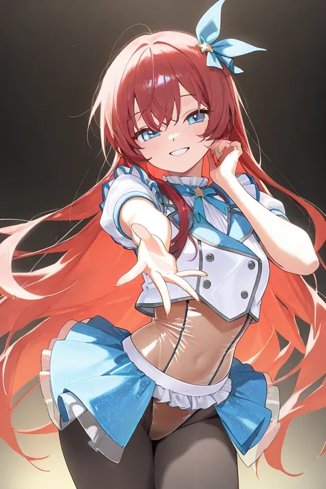 ((masterpiece, best quality)), 1girl, red hair, very long hair, light blue eyes, looking at viewer, idol, idol clothes, see-through leotard under clothes,  miniskirt, frills, pantyhose, smile, simple background