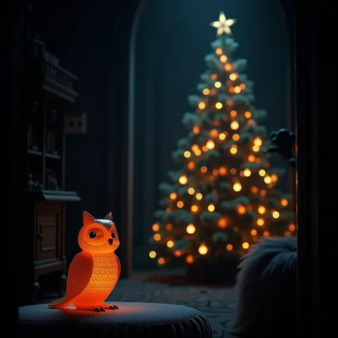 masterpiece, pitch-dark room ,orange animal( owl under guard)Ornament , ornaments give off light , christmas tree,Highlight light and dark , contrast , high image quality