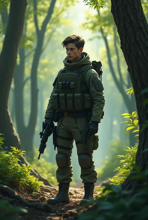 A young 21st century soldier stands in the forest