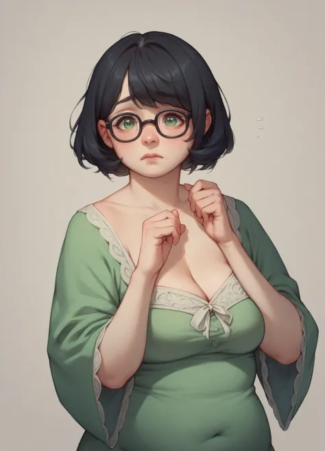 1girl, cute, black hair, hair bob, green eyes, white fantasy dress, chubby, wizard, shy, glasses