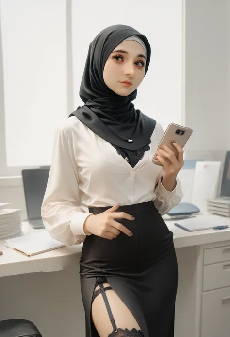 1girl, office lady, hijab, standing, office, score_9, score_8_up, score_7_up, score_6_up, score_5_up, score_4_up, phone, screen, fully clothed, phone exposure, garter straps, garterbelt, lingerie, bra, nude, first person view,  skimpy