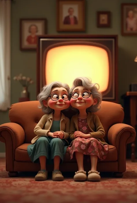 Pixar-style photorealism, Two grandmothers sitting watching TV together in the room