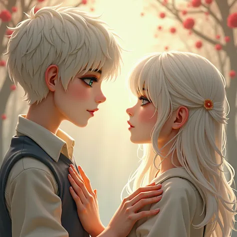  an image of this white-haired boy and this white-haired girl (But let them both look at the age of 25 ), But in the background another beautiful fanciful scenario ,  and the boy has to keep a hand on his heart and look at the girl in a nostalgic way or as...