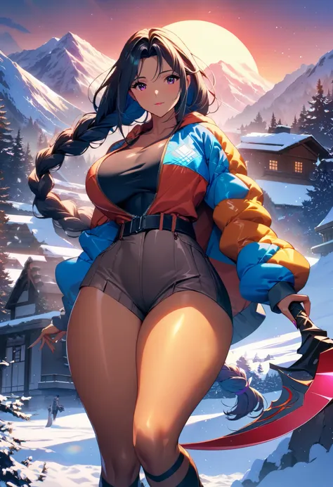 anime, wallpaper, Snowy house background, mountain,  girl ,  Braided Scythe ,  curvy build, bright colors, rich colors , Warm tanned outfit, jacket ,  Perfect anatomy,  Beautiful,  maximum quality,  better quality , score_9, score_8_up, score_7_up, masterp...