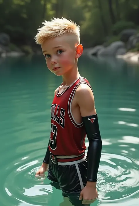 Create a realistic boy  in water .  He has blond dyed hair and his hairstyle is a lowfade.  He wears shorts and jersey from the team Bulls and wears a long tight and smoothing black schooner over his right arm and legs