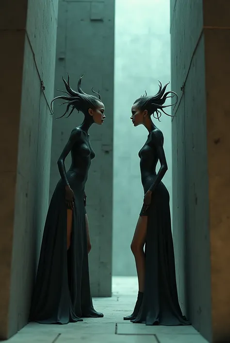 Two naughubar vomen talking in between a Wall 
3d animation style 