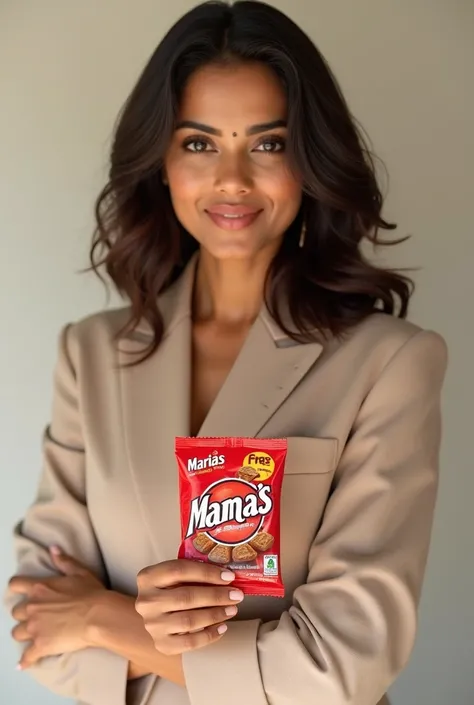 Amala Paul indian actor, she holds Mamas Candy product packet and she dos modelling 