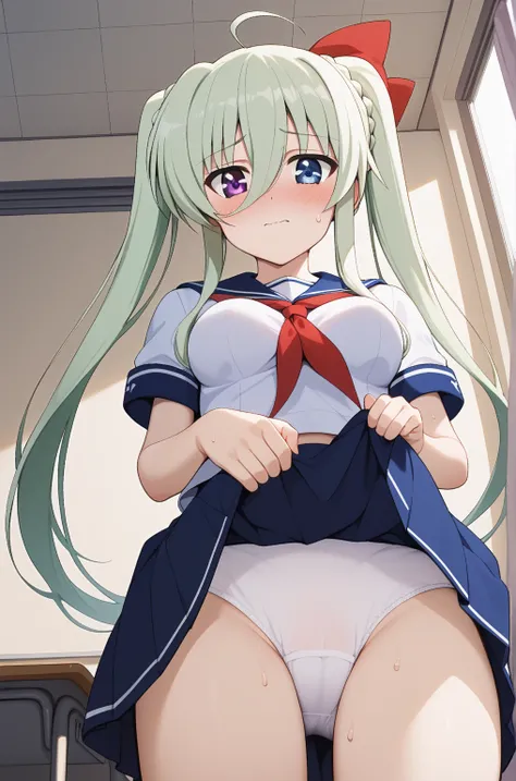 masterpiece,best quality,{{detailed beautiful face and eyes}},
Einhard Stratos,{{{megami magazine}}},long hair,green hair,twintails,red hair ribbon,ahoge,hair between eyes,braided bangs,heterochromia,purple eyes,blue eyes,medium breasts,
((serafuku)),skirt...