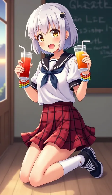 masterpiece,  top quality ,  High Definition ,  very detailed,((( pretty girl with white hair ))), ((( Japanese Anime ))), ((( short hair ))), ((( brown skin))), ((( sailor suit))), ((( red and black plaid pleated skirt))), (((White socks))), ((( black sne...