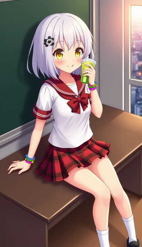 masterpiece,  top quality ,  High Definition ,  very detailed,((( pretty girl with white hair ))), ((( Japanese Anime ))), ((( short hair ))), ((( brown skin))), ((( sailor suit))), ((( red and black plaid pleated skirt))), (((White socks))), ((( black sne...