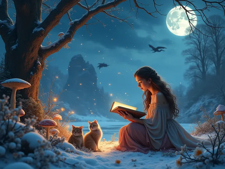 Christmas landscape , fantasy,  woman with long brown hair reading ancient book , starry sky,  dragons flying in the distance,  enchanted undergrowth , ultra-realistic, high definition, cats