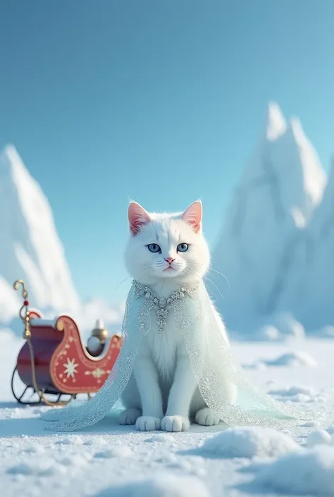 Dress a white cat like a snow maiden in an antartid next to a sled santa claus and no one is here 