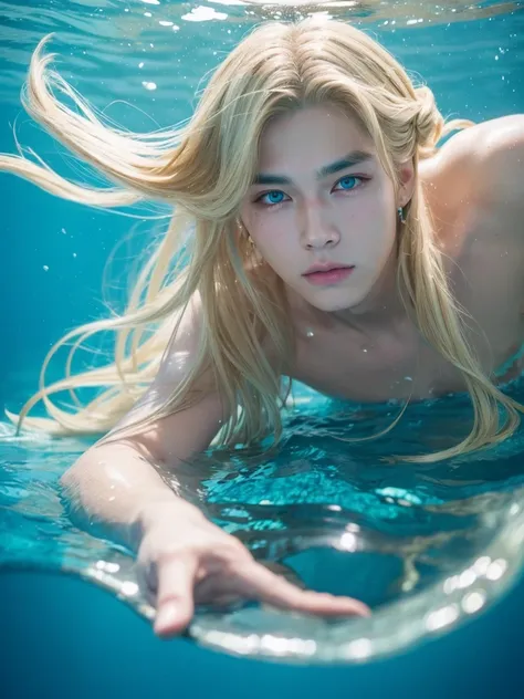 Handsome man, kpop bts, Long hair, blue eyes, blonde hair, Under the sea, being a mermaid Mouth closed, Frowning eyebrows, 