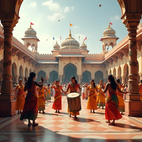 Image quality: realistic 4k ultra HD quality image.

Location: Palace courtyard

Background: Huge Indian courtyard, colorful flags, flower-decorated pillars and dancing people.

Prompt:

"People celebrating with drums in the palace courtyard. Women are dan...