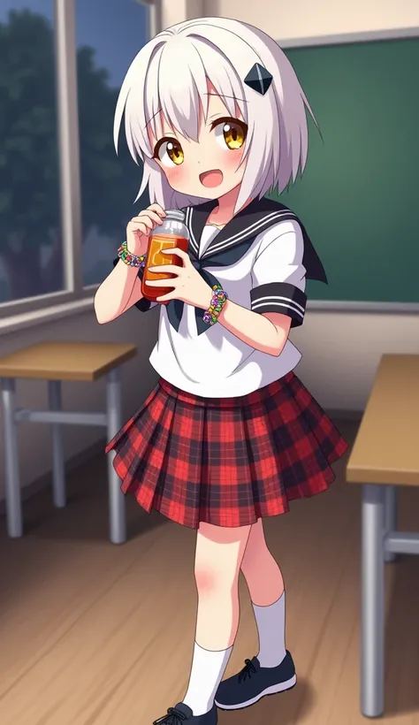 masterpiece,  top quality ,  High Definition ,  very detailed,((( pretty girl with white hair ))), ((( Japanese Anime ))), ((( short hair ))), ((( brown skin))), ((( sailor suit))), ((( red and black plaid pleated skirt))), (((White socks))), ((( black sne...