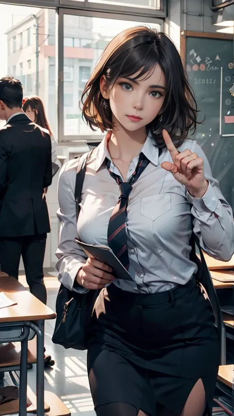 Mature woman,stern and confident expression, teacher figure, wearing formal and professional attire, holding a clipboard or notebook, school office or classroom background, high-bridged nose, short or neat hairstyle, sharp gaze, cool and authoritative deme...