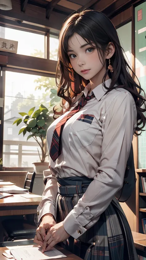 Young woman, sincere and gentle expression, student figure, wearing a neat school uniform, long or medium-length modest hairstyle, gaze with a hint of worry but determination, dormitory setting or scenes with books, helping others or calmly talking gesture...