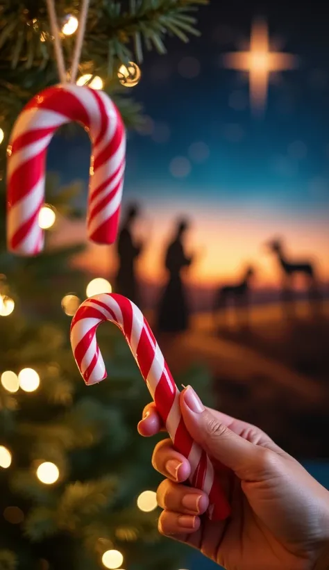 A close-up of candy canes hanging on a Christmas tree, with soft glowing lights in the background. One candy cane is held in a hand, and in the blurred background, an artistic depiction of shepherds in the fields under a starry night sky can be subtly seen...