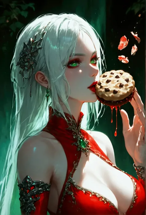 score_9, score_8_up, score_7_up, score_6_up, score_5_up, score_4_up, Arafed, a portrait of an vampire woman eating a (bloody cookie: 1.1), drpping blood, exotic beauty, long hair, white hair, (emerald green eyes), dark red lips, glamour shot, she wears an ...