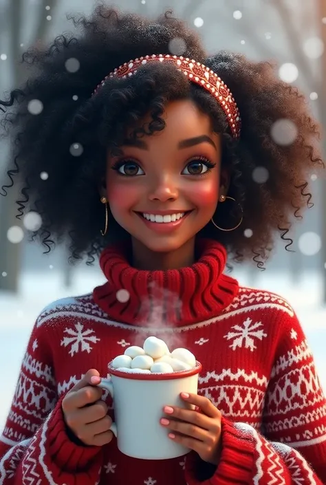 A Black woman with natural, curly hair adorned with a sparkling headband, wearing a festive red and white sweater. She is standing in a snowy park, surrounded by snowflakes falling gently around her, with a warm smile as she holds a steaming cup of hot coc...