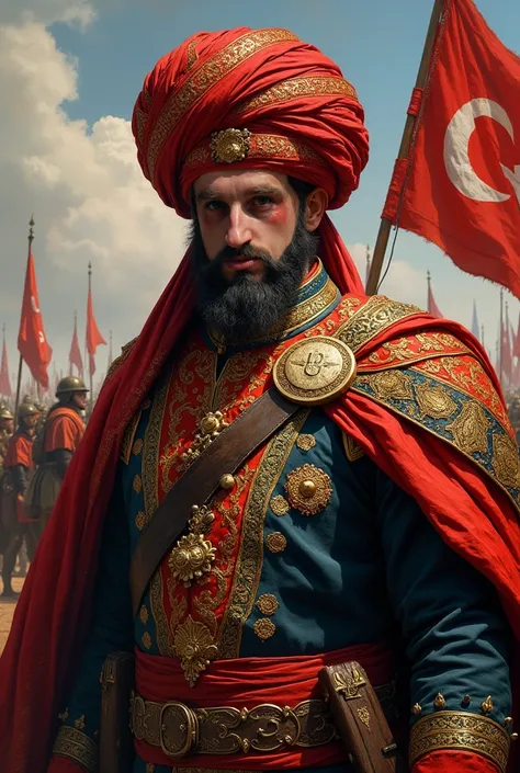 An Ottoman visier head, with intricate turban, aggressive, with Islamic takke and sarik behind the head, painting style. Rich clothes, colorfull, battle equipment, flag of the beogradski pashaluk in the background, alone