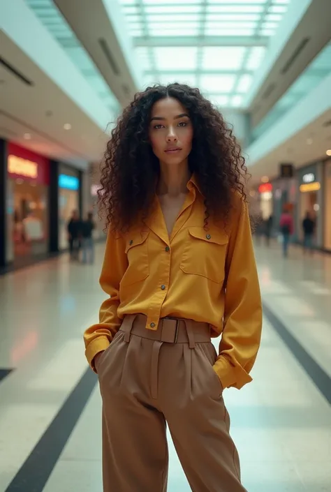 real photo 
Curly haired woman in long curls is standing in a building located in the mall