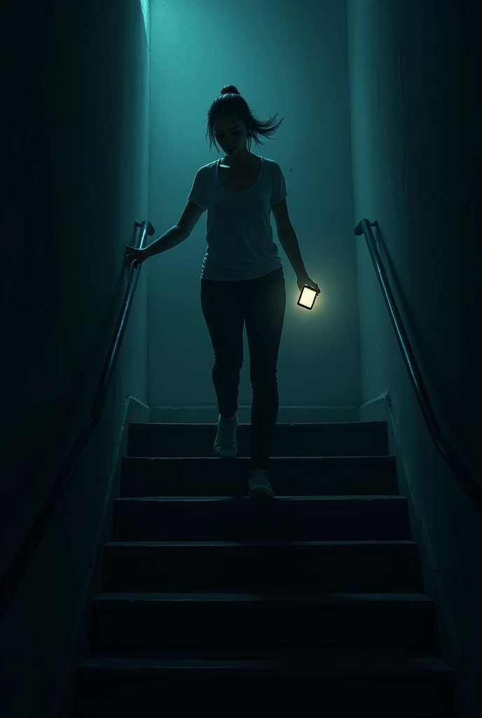 Woman climbs stairs with lights off and uses mobile flashlight 