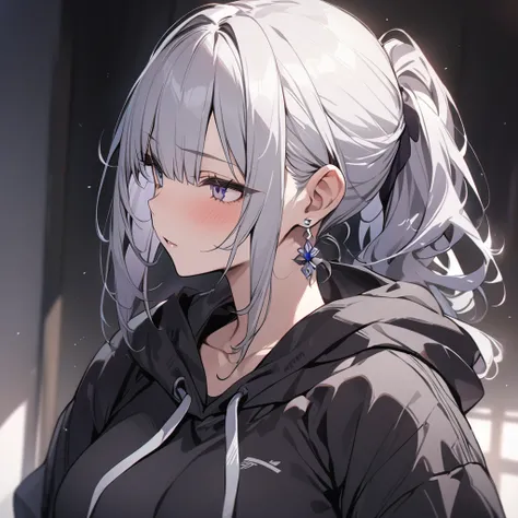  One girl , masterpiece,  top quality ,  ponytail, bangs, outer blouson black、 hoodie white、Earrings