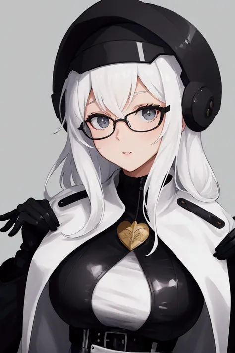 Female, white helmet, black coat, black belt, glasses, chest, white gloves, black shirt